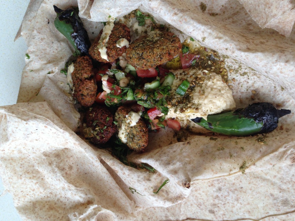 Falafel with lavash bread, hoummus, tehina, za'ata